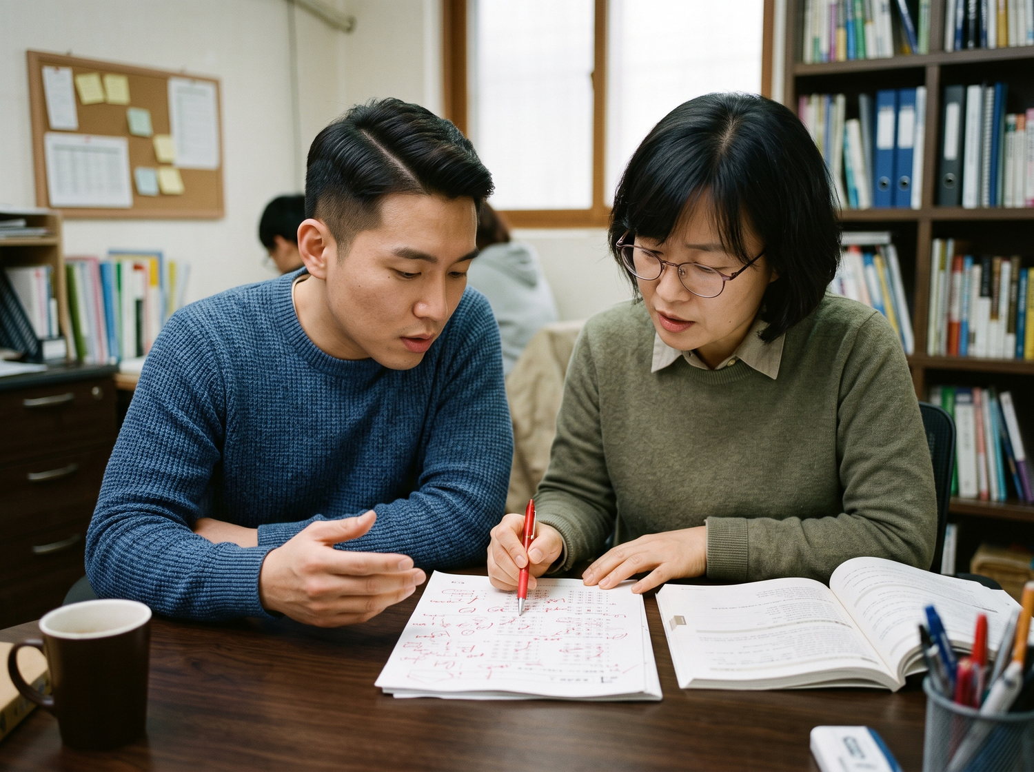 강사와 수험생이 답안을 분석하는 장면