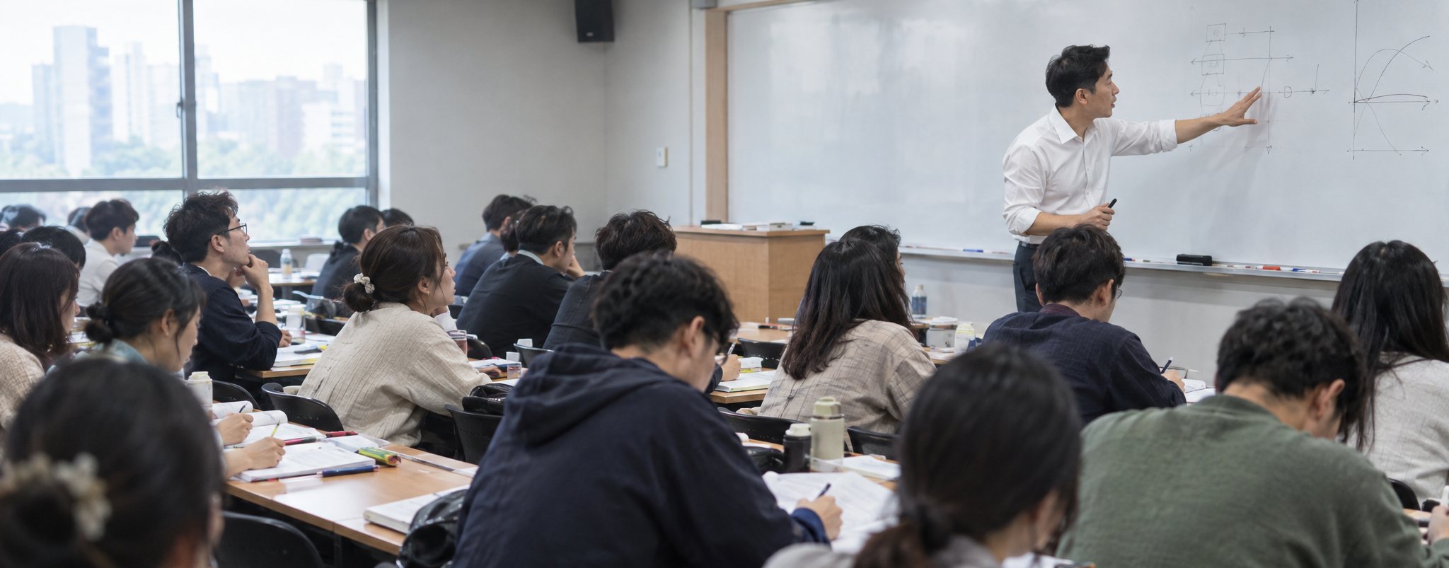 강의실에서 현직 강사가 화이트보드로 열강하고, 수험생들이 필기하며 집중하는 모습