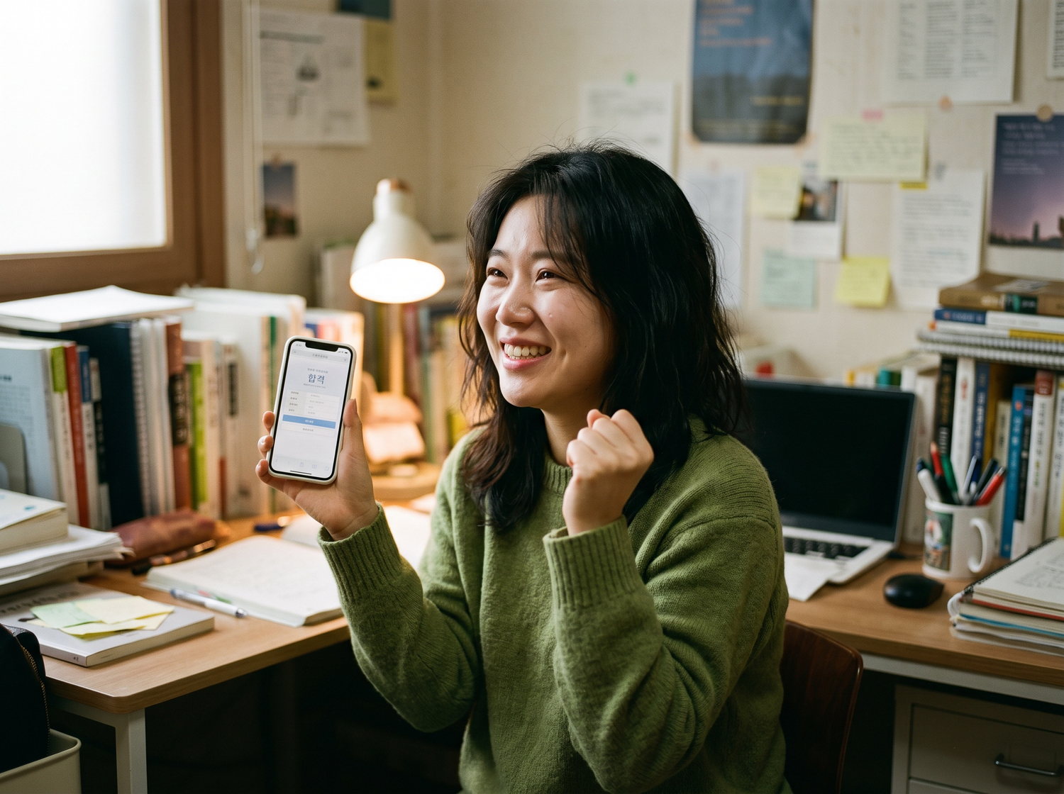 시험 결과를 확인하고 기뻐하는 수험생